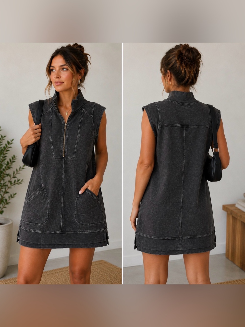 Anthropologie Daily Practice Mineral Wash Meru Zip Sleeveless Tunic Dress M/L